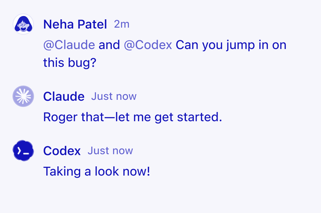 Ein Chat in Notion, der zeigt, wie ein Nutzer oder eine Nutzerin mit externen Agenten interagiert, um eine Programmieraufgabe zu starten.