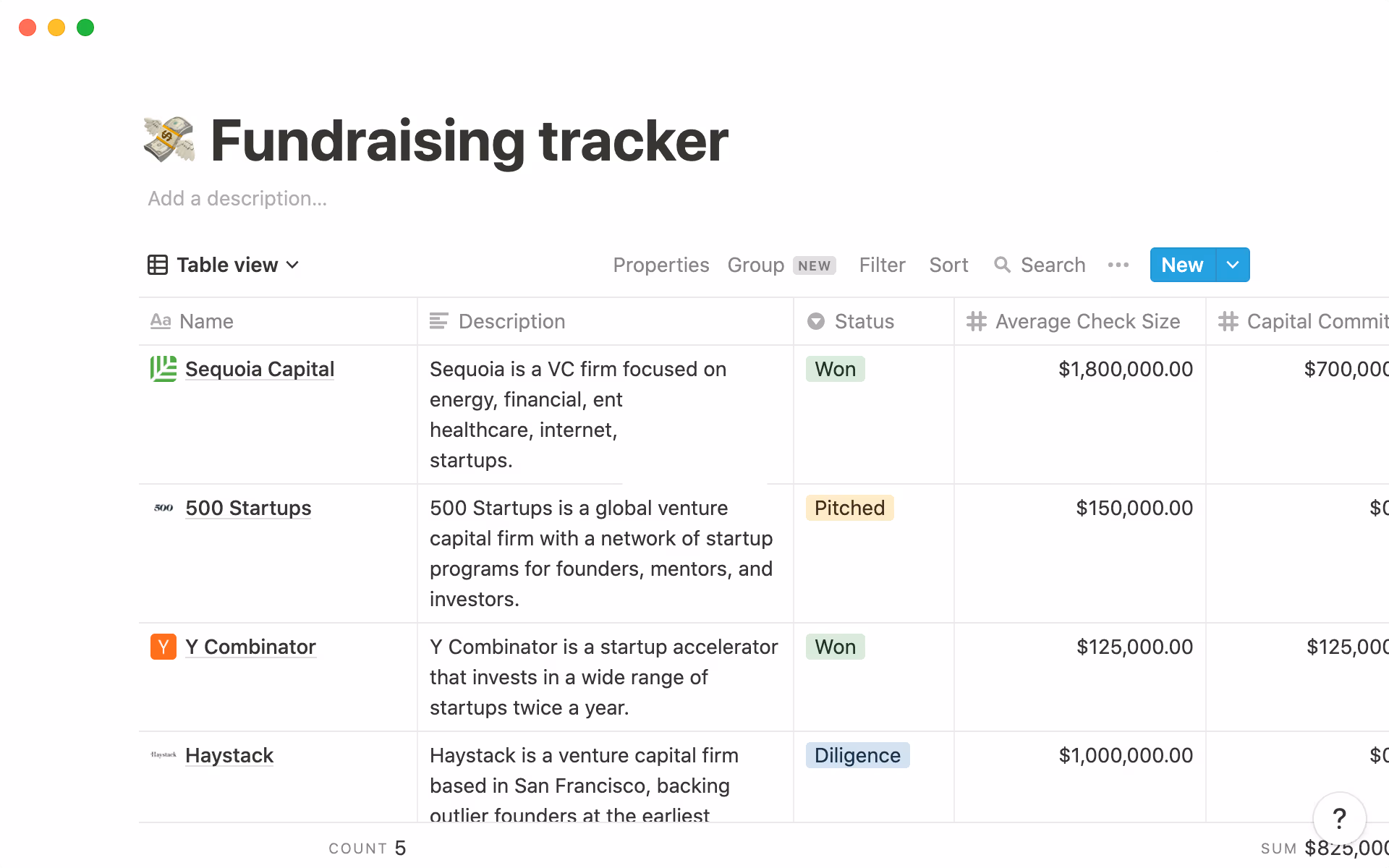 Screenshot of a Fundraising tracker in Notion