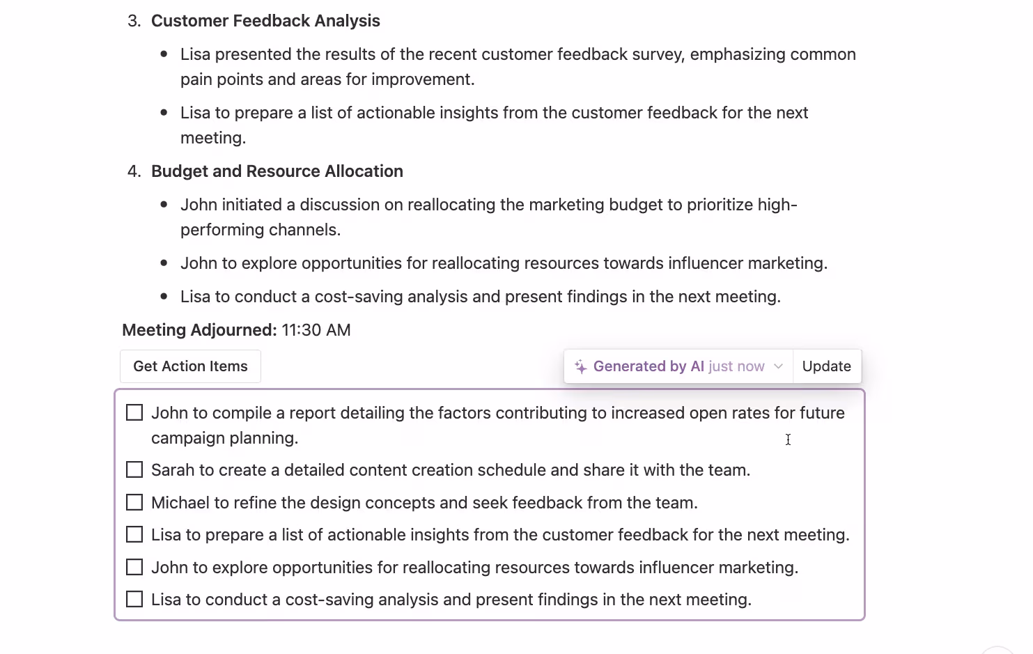 A Notion action item generator shows how AI pulls action items from notes and turns them into clear tasks.